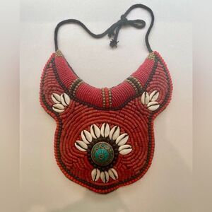 Beaded Statement Necklace with Red and Turquoise Accents